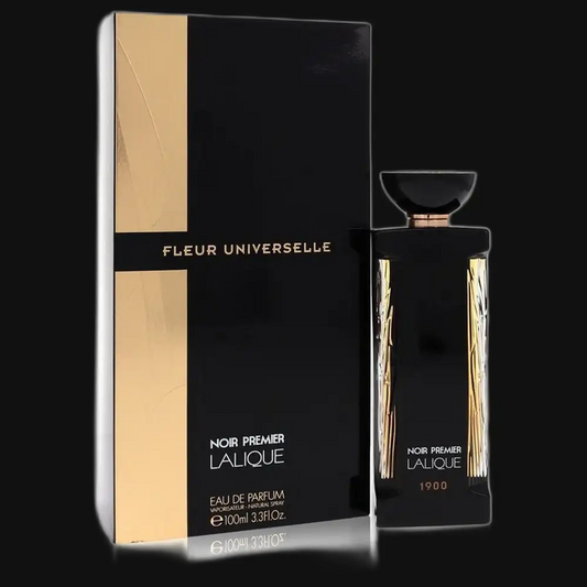 Eau de parfum bottle and box, dark glass with gold accents and cap