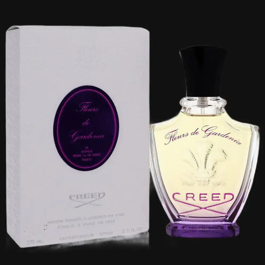Perfume fragrance bottle with black cap, clear glass, and purple base; boxed set