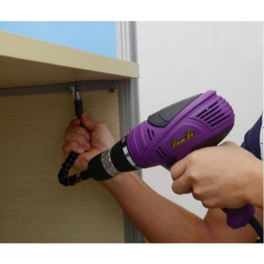 Purple drill adapter with flexible black hose, mounted on drill for wood