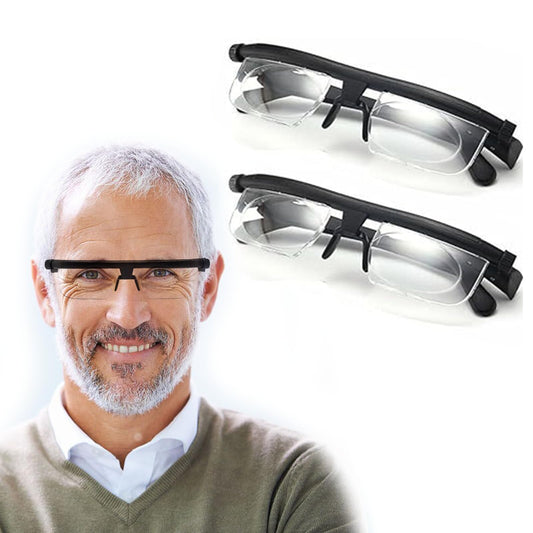 Adjustable eyeglasses set: man wearing black-framed clear lenses; two additional pairs