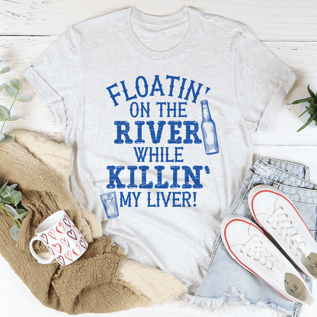 Light gray crew-neck t-shirt with blue bottle and text slogan on front