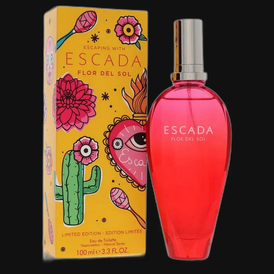 Women’s Escada Flor Del Sol perfume spray, pink bottle with silver cap beside box