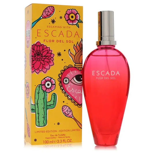 Women’s Escada Flor Del Sol perfume spray, pink bottle front with boxed packaging