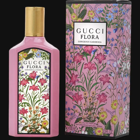 Floral perfume bottle with gold cap and matching Gucci Flora Gardenia box