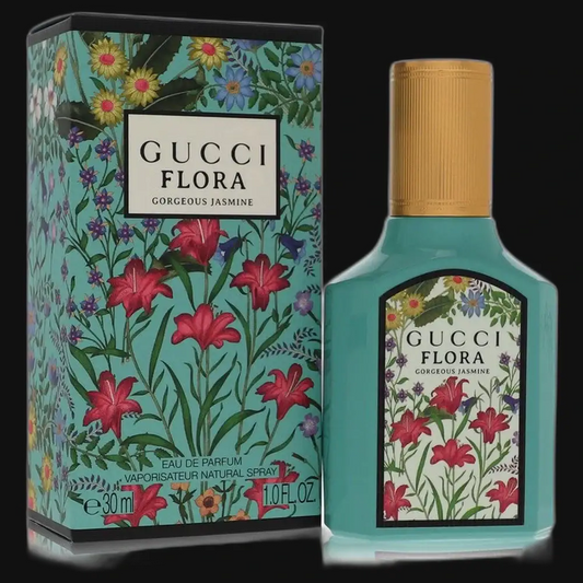 Gucci Flora Jasmine eau de parfum spray bottle with floral box, teal glass and gold cap