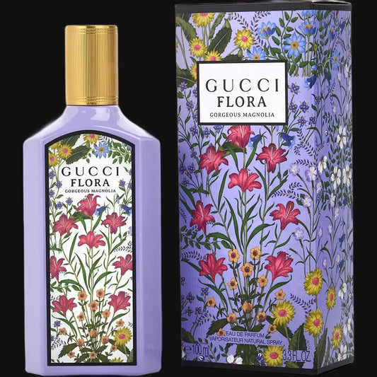 Gucci Flora Gorgeous Magnolia perfume bottle, gold cap, floral label