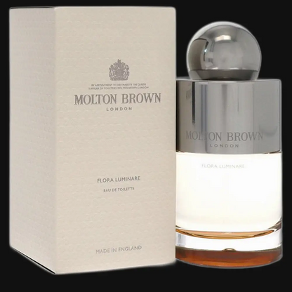 Eau de toilette bottle with chrome cap and matching cream box by Molton Brown.