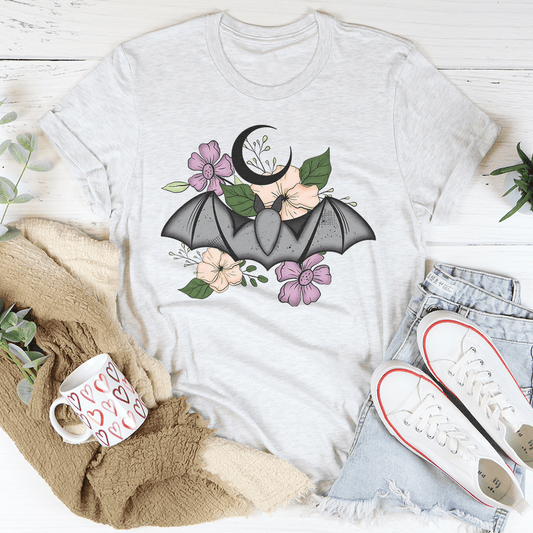 Ash heather floral bat T-shirt with pink and green flower graphic, crew neck.
