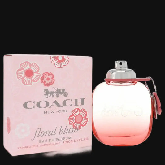 Coach Floral Blush eau de parfum box and rounded spray bottle, red flower accents