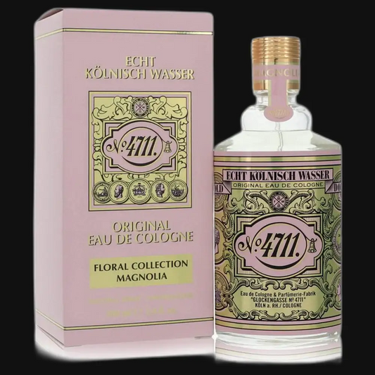 Magnolia eau de cologne bottle with matching pink floral box, 4711 branding