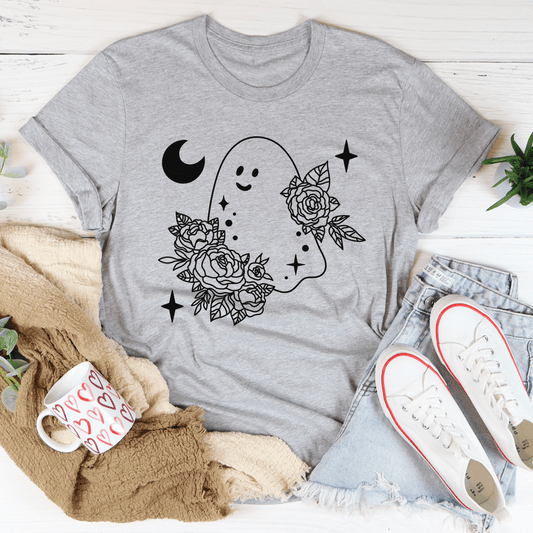 Heather gray t-shirt with floral ghost face graphic, moon and sparkle icons