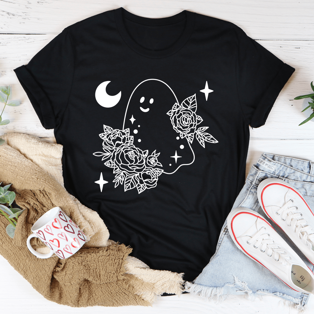 Black floral ghost t-shirt with moon, rose face outline, and star accents, crew neck.