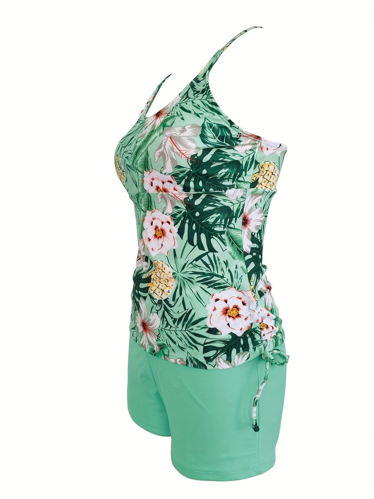 2-piece floral tankini swimsuit set, green leaf print tank with drawstring teal shorts