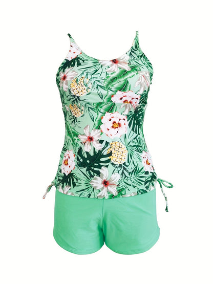 2-piece floral tankini swimsuit set, green leaf print tank with drawstring light green shorts