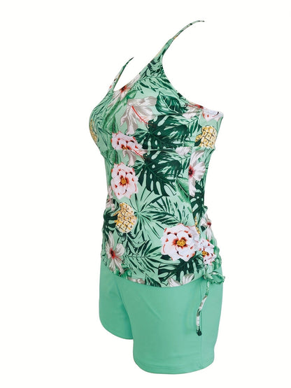 Light green floral plant print tankini with drawstring side swim shorts set