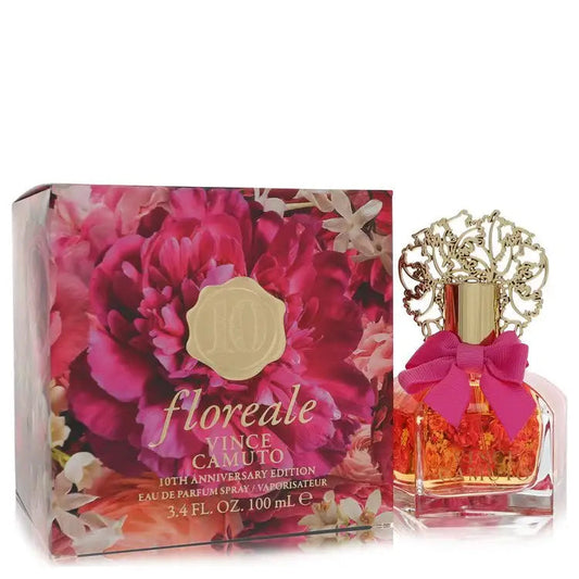 Vince Camuto Floreale perfume bottle with ornate gold cap and pink bow; boxed