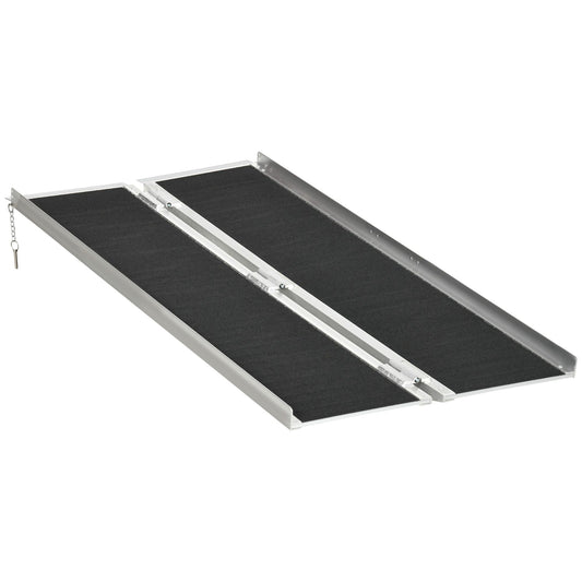 Foldable aluminum wheelchair ramp with black non-slip surface, silver side rails