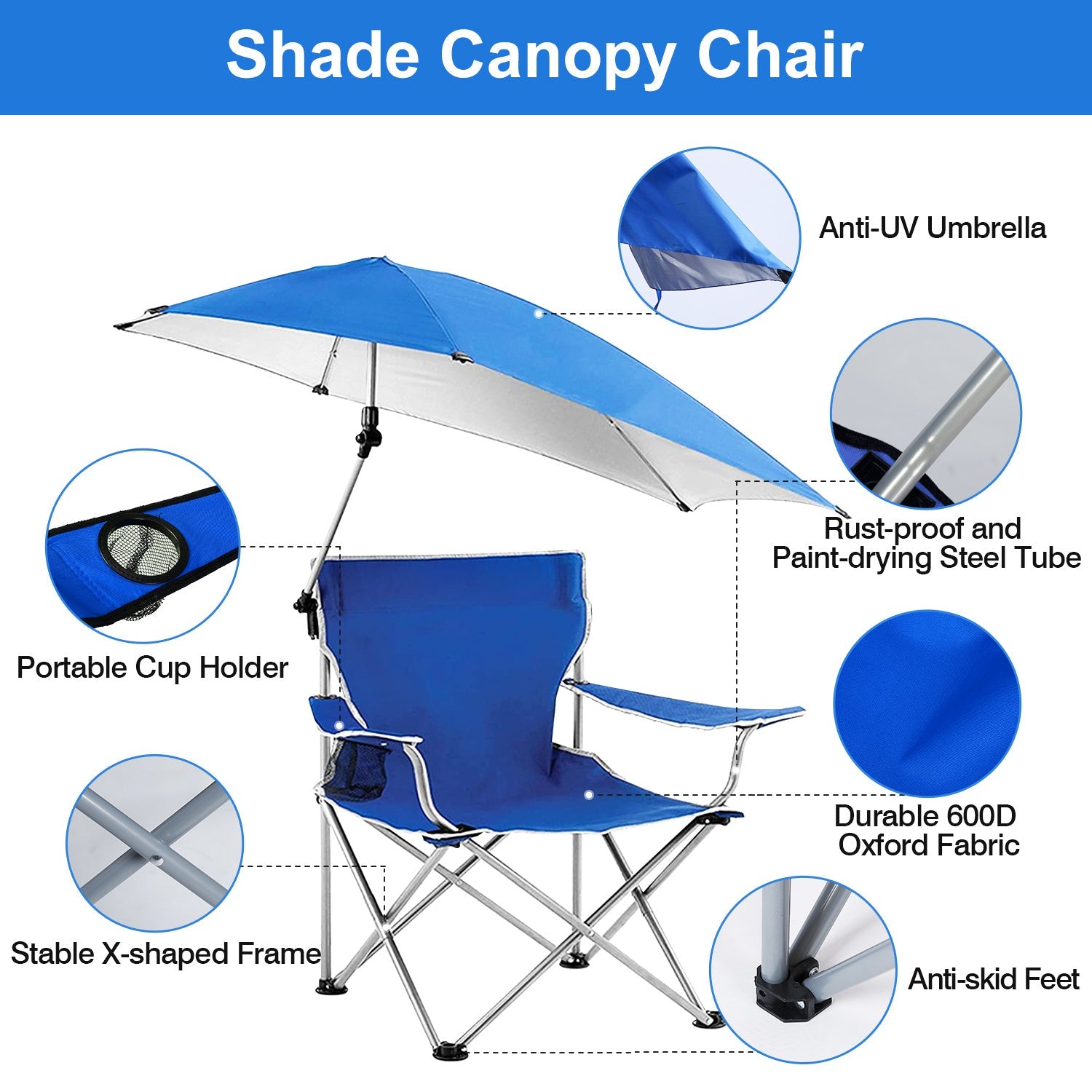 Foldable Beach Chair with Detachable Umbrella Armrest Adjustable Canopy Stool with Cup Holder Carry Bag for Camping Poolside Travel Picnic Lawn Chair - Renee Lane Company