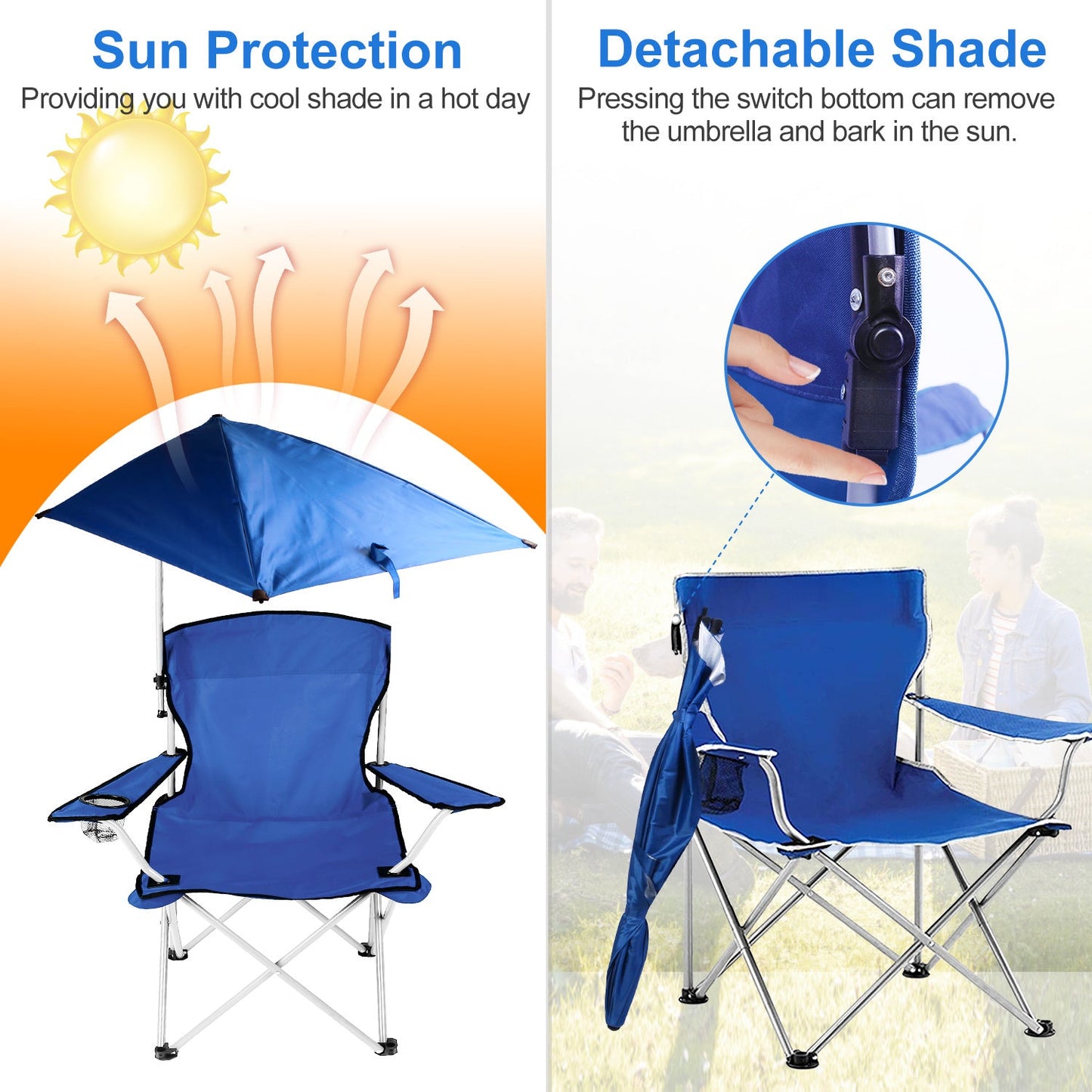 Foldable Beach Chair with Detachable Umbrella Armrest Adjustable Canopy Stool with Cup Holder Carry Bag for Camping Poolside Travel Picnic Lawn Chair - Renee Lane Company