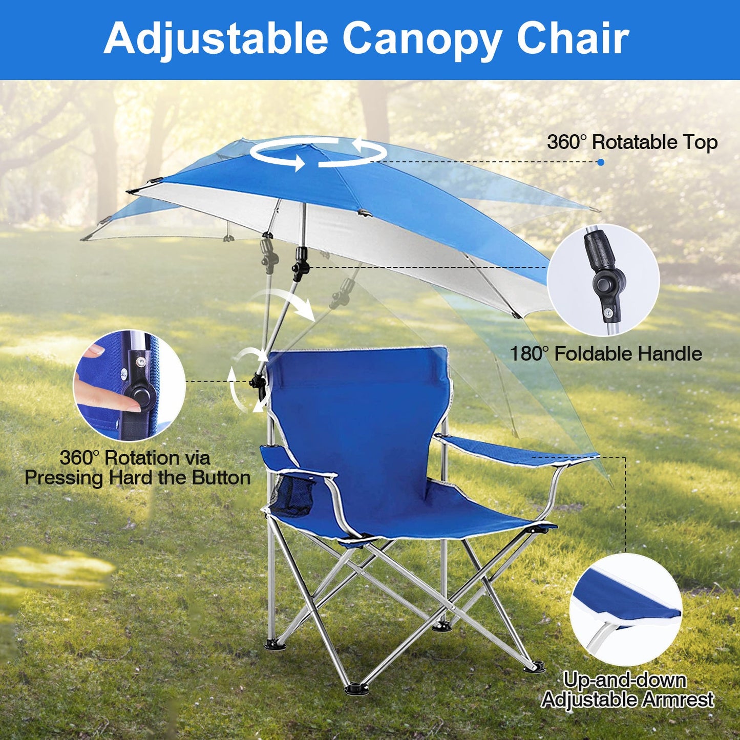 Foldable Beach Chair with Detachable Umbrella Armrest Adjustable Canopy Stool with Cup Holder Carry Bag for Camping Poolside Travel Picnic Lawn Chair - Renee Lane Company