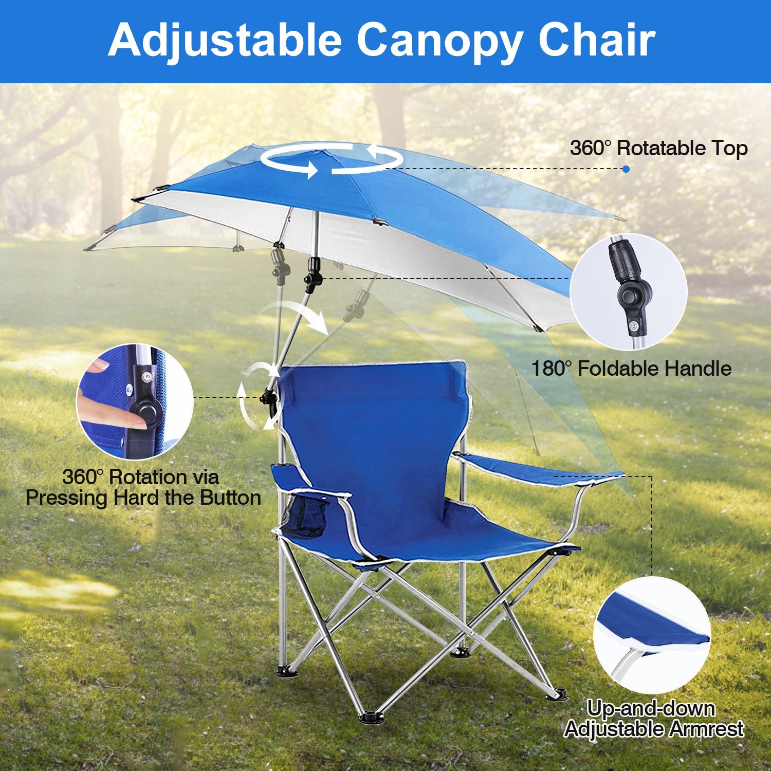 Foldable Beach Chair with Detachable Umbrella Armrest Adjustable Canopy Stool with Cup Holder Carry Bag for Camping Poolside Travel Picnic Lawn Chair - Renee Lane Company