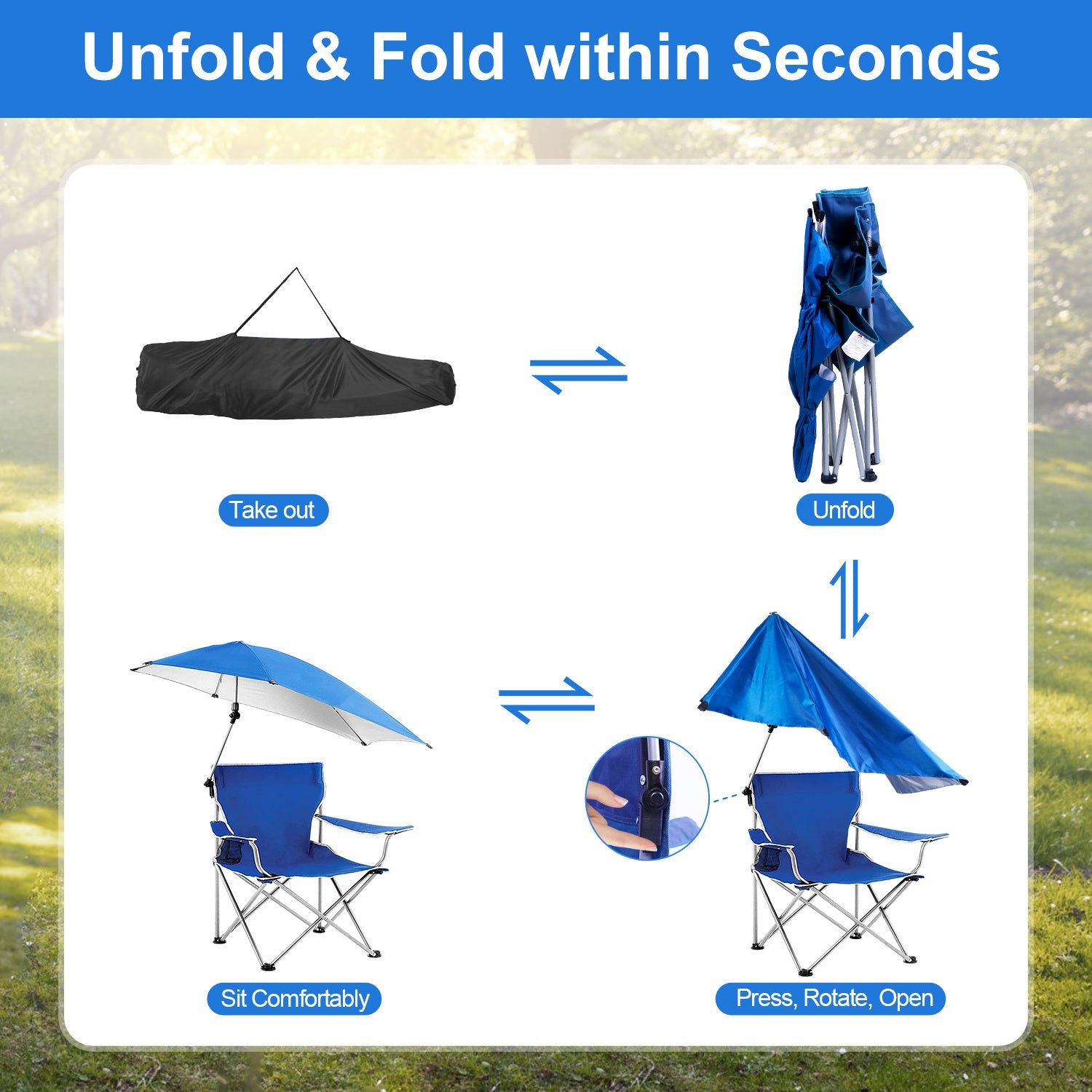 Foldable Beach Chair with Detachable Umbrella Armrest Adjustable Canopy Stool with Cup Holder Carry Bag for Camping Poolside Travel Picnic Lawn Chair - Renee Lane Company