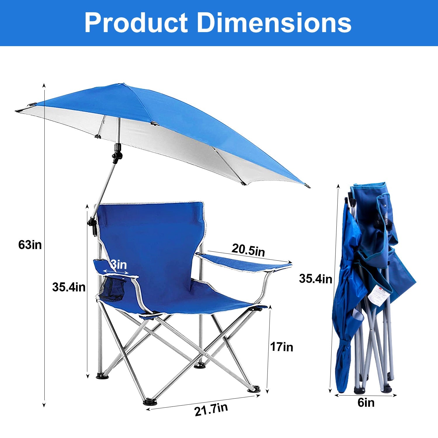 Foldable Beach Chair with Detachable Umbrella Armrest Adjustable Canopy Stool with Cup Holder Carry Bag for Camping Poolside Travel Picnic Lawn Chair - Renee Lane Company