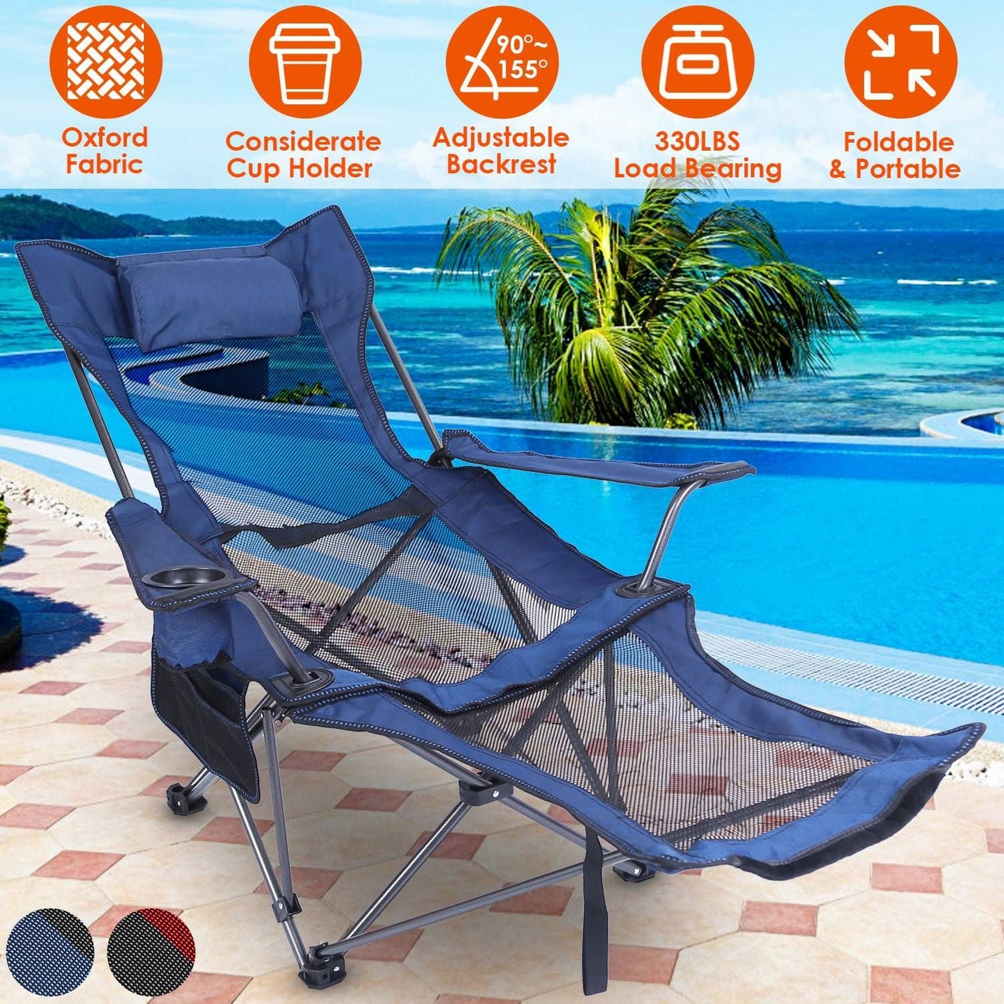 Foldable Camping Chair 330LBS Load Heavy Duty Steel Lawn Chair Collapsible Chair with Reclining Backrest Angle Cup Holder Pillow Side Pocket Carry Bag - Renee Lane Company