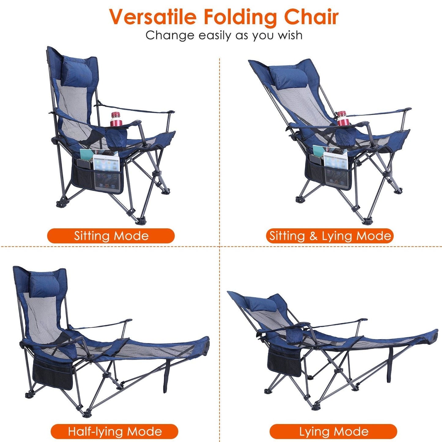 Foldable Camping Chair 330LBS Load Heavy Duty Steel Lawn Chair Collapsible Chair with Reclining Backrest Angle Cup Holder Pillow Side Pocket Carry Bag - Renee Lane Company