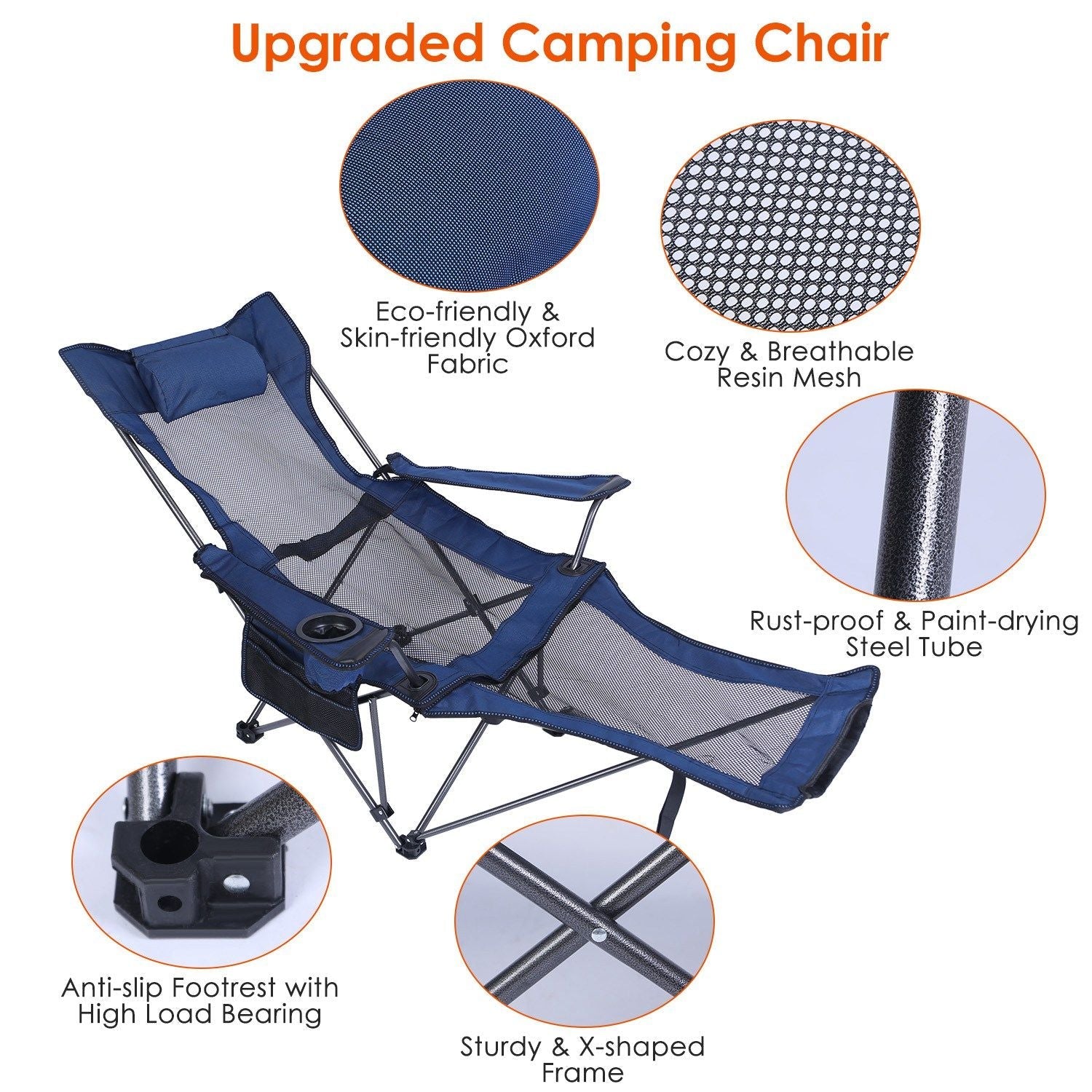 Foldable Camping Chair 330LBS Load Heavy Duty Steel Lawn Chair Collapsible Chair with Reclining Backrest Angle Cup Holder Pillow Side Pocket Carry Bag - Renee Lane Company