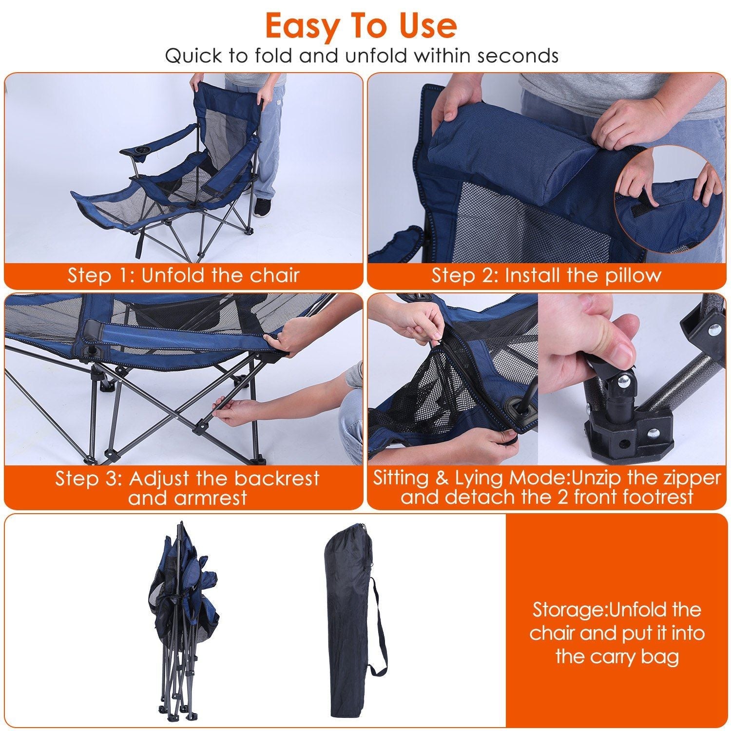 Foldable Camping Chair 330LBS Load Heavy Duty Steel Lawn Chair Collapsible Chair with Reclining Backrest Angle Cup Holder Pillow Side Pocket Carry Bag - Renee Lane Company