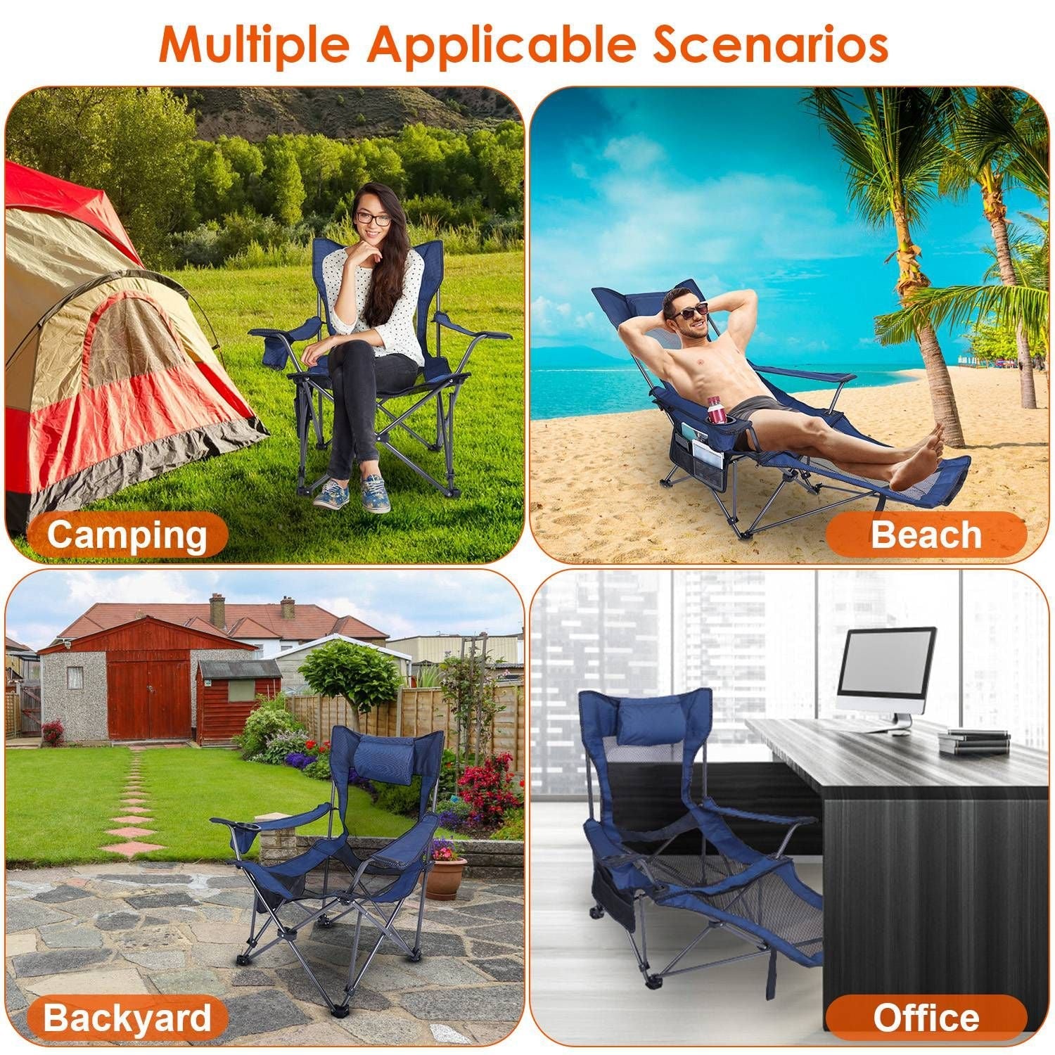 Foldable Camping Chair 330LBS Load Heavy Duty Steel Lawn Chair Collapsible Chair with Reclining Backrest Angle Cup Holder Pillow Side Pocket Carry Bag - Renee Lane Company