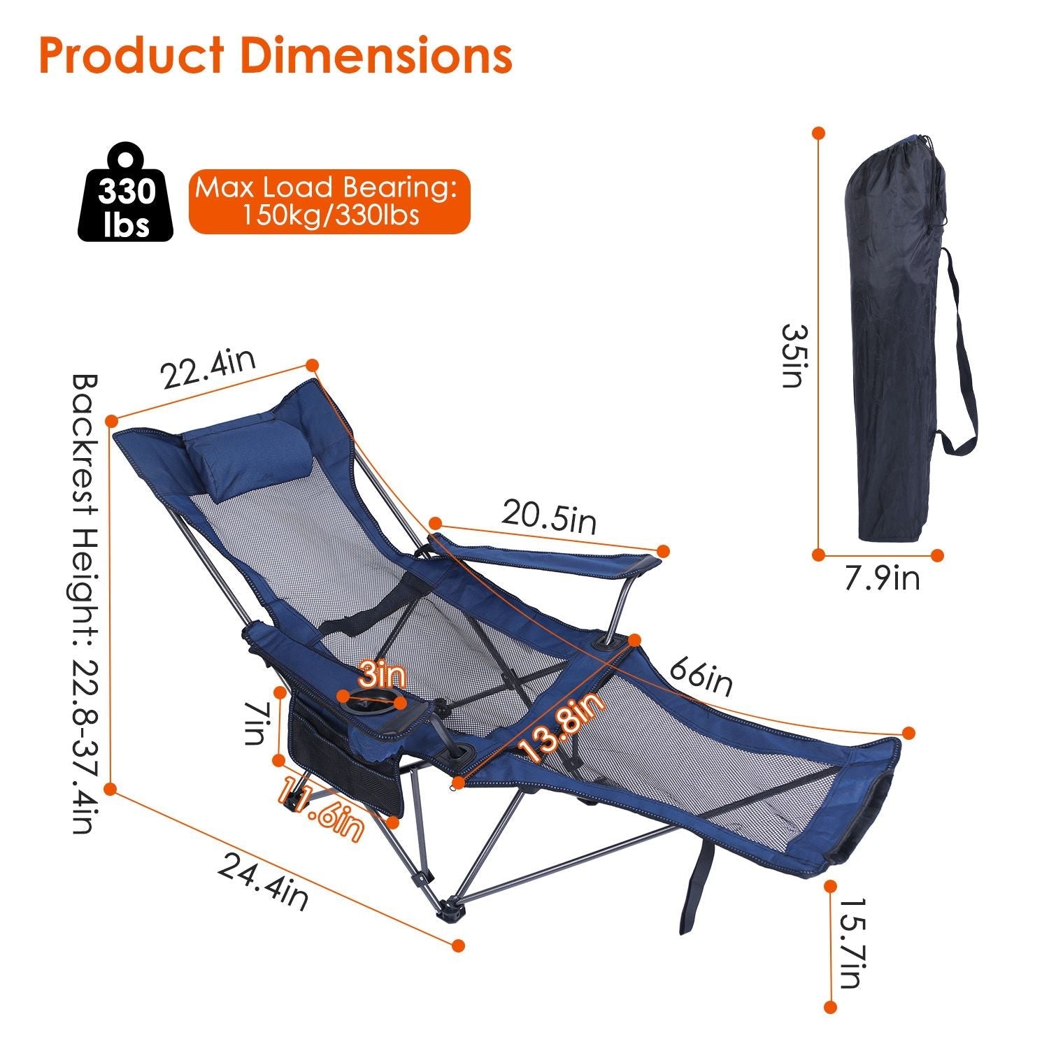 Foldable Camping Chair 330LBS Load Heavy Duty Steel Lawn Chair Collapsible Chair with Reclining Backrest Angle Cup Holder Pillow Side Pocket Carry Bag - Renee Lane Company