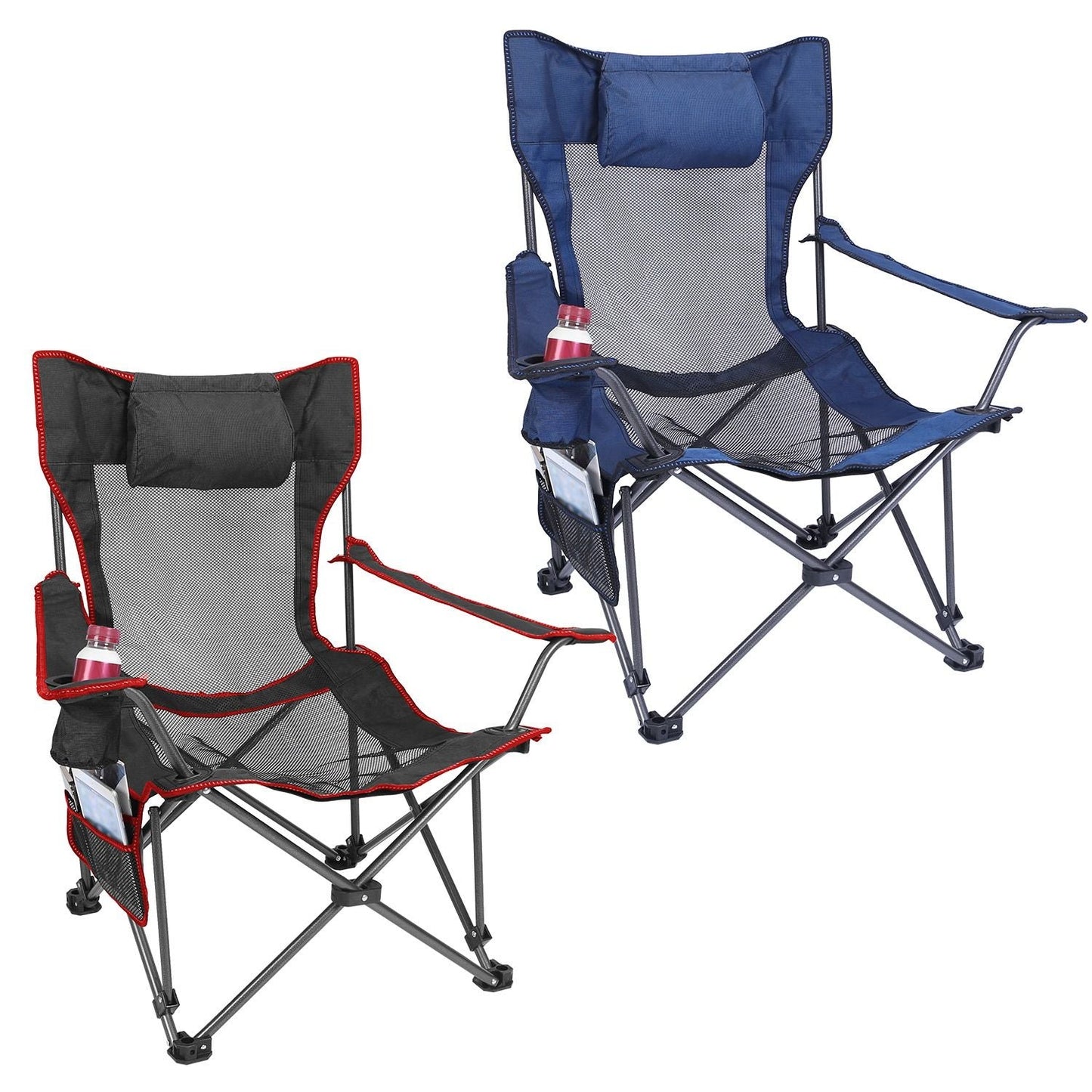 Foldable Camping Chair 330LBS Load Heavy Duty Steel Lawn Chair Collapsible Chair with Reclining Backrest Angle Cup Holder Pillow Side Pocket Carry Bag - Renee Lane Company