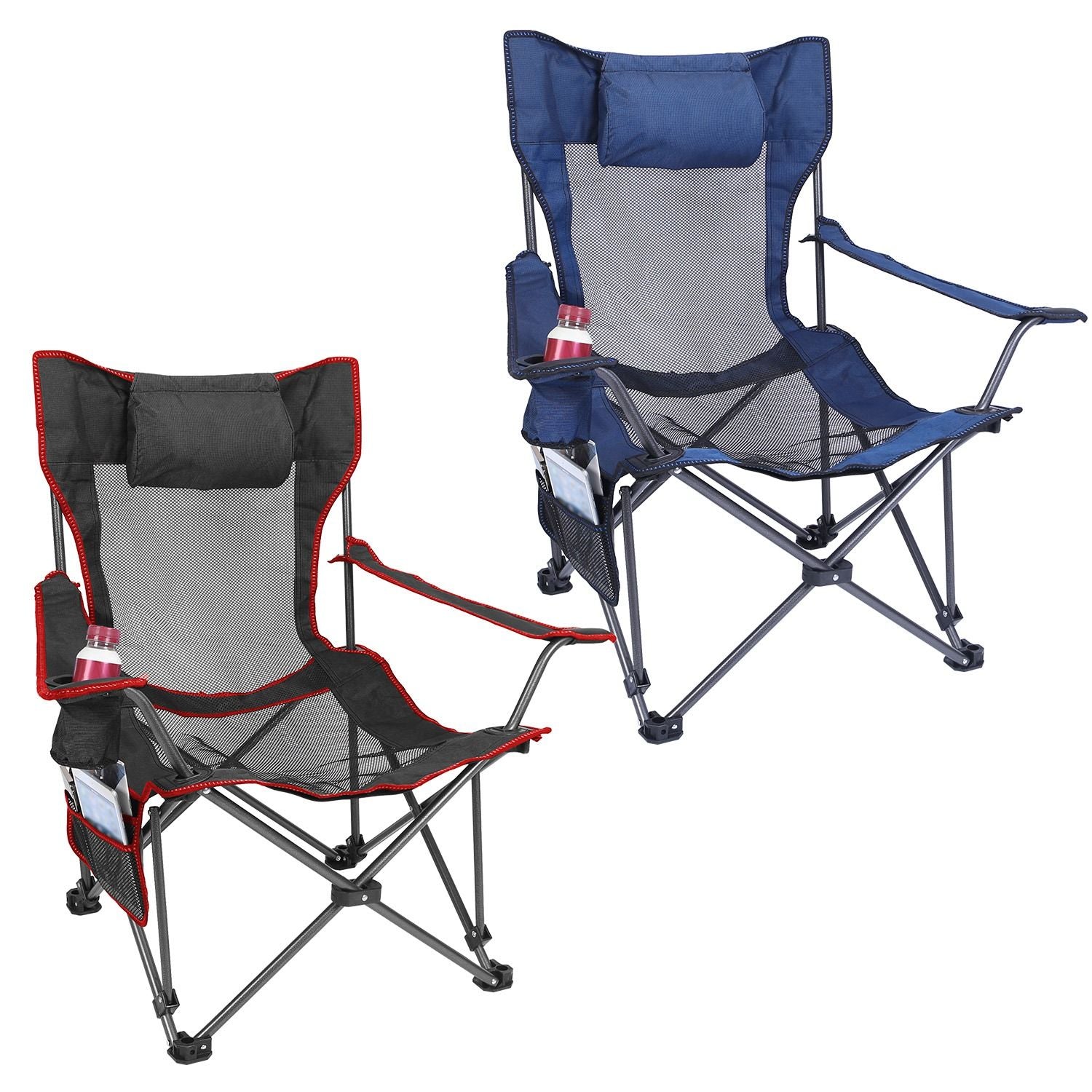 Foldable Camping Chair 330LBS Load Heavy Duty Steel Lawn Chair Collapsible Chair with Reclining Backrest Angle Cup Holder Pillow Side Pocket Carry Bag - Renee Lane Company