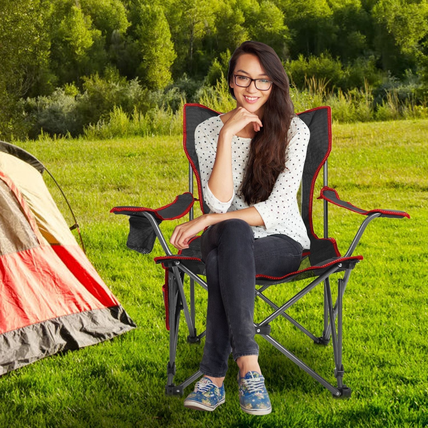 Foldable Camping Chair 330LBS Load Heavy Duty Steel Lawn Chair Collapsible Chair with Reclining Backrest Angle Cup Holder Pillow Side Pocket Carry Bag - Renee Lane Company