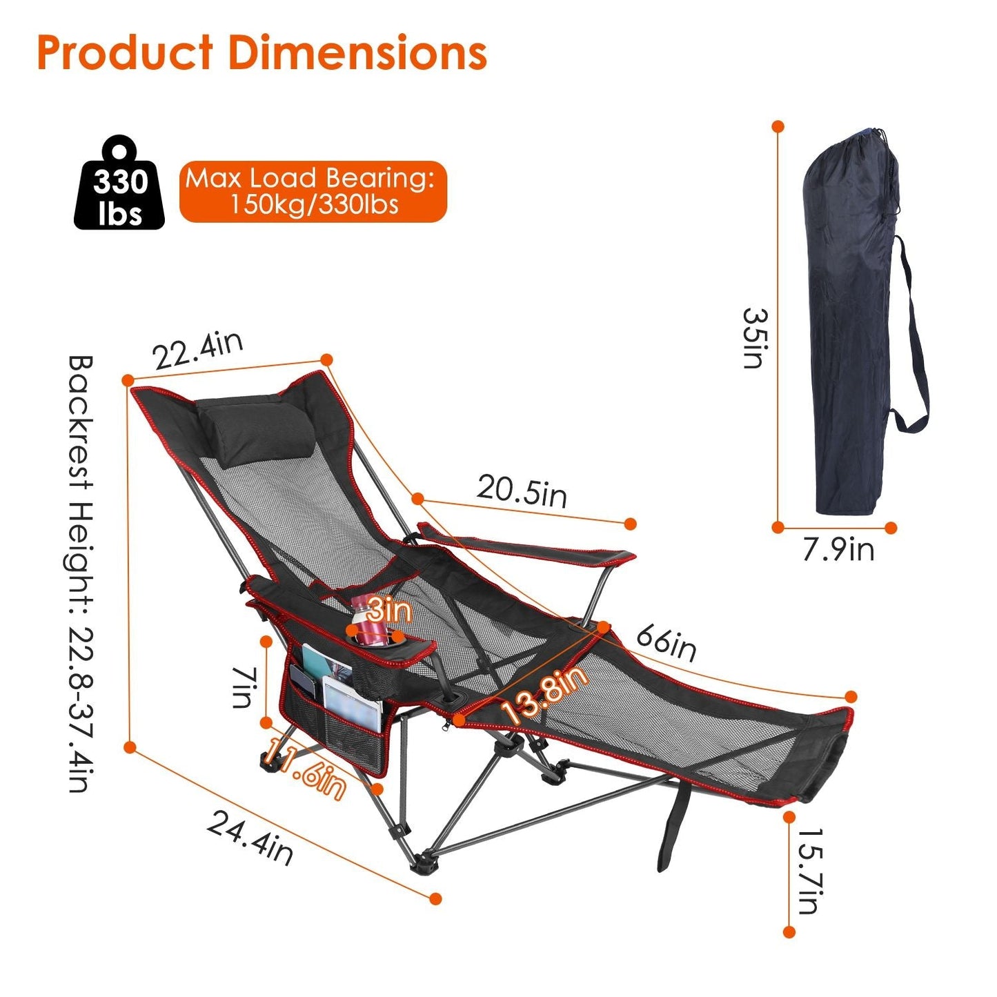 Foldable Camping Chair 330LBS Load Heavy Duty Steel Lawn Chair Collapsible Chair with Reclining Backrest Angle Cup Holder Pillow Side Pocket Carry Bag - Renee Lane Company