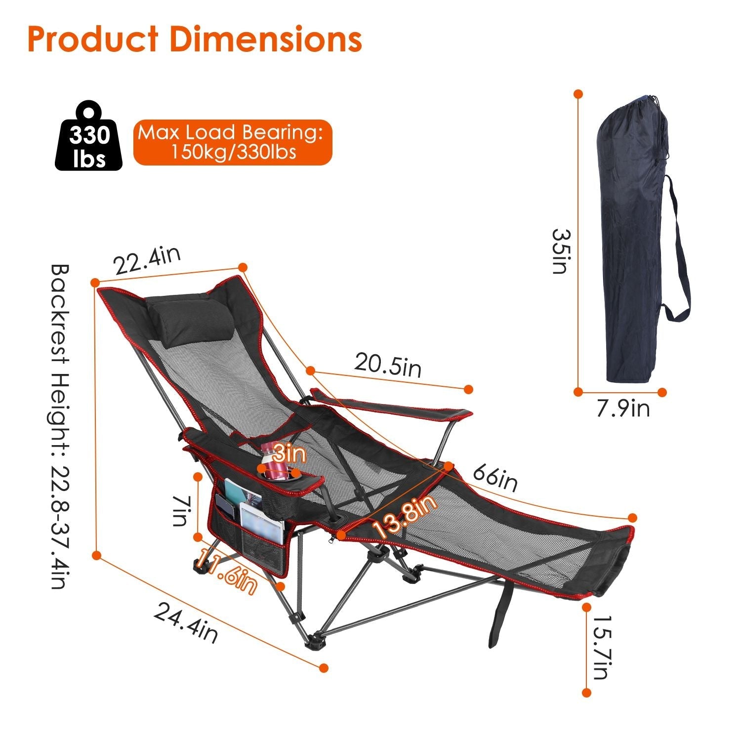 Foldable Camping Chair 330LBS Load Heavy Duty Steel Lawn Chair Collapsible Chair with Reclining Backrest Angle Cup Holder Pillow Side Pocket Carry Bag - Renee Lane Company