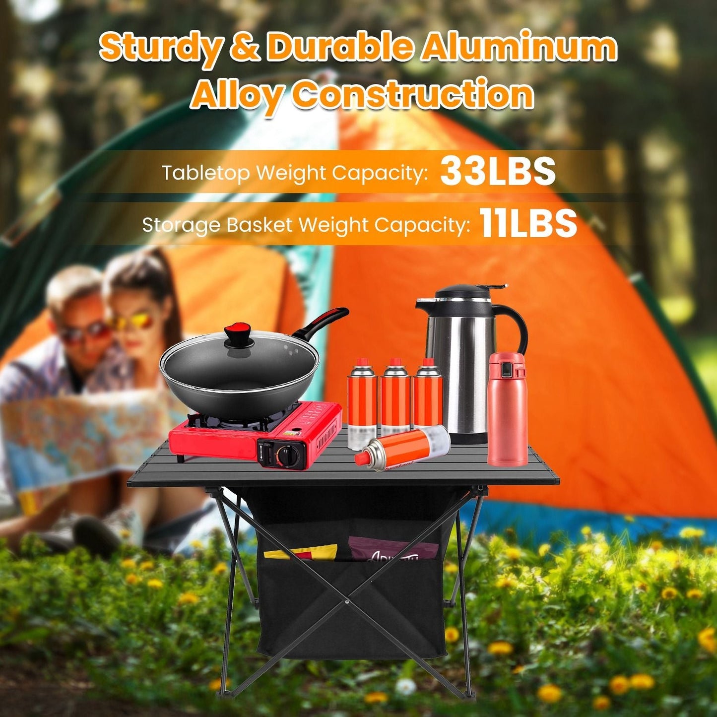 Foldable Camping Table With Storage Basket Rustproof Portable Aluminum Alloy Roll-Up Camping Table - Renee Lane Company