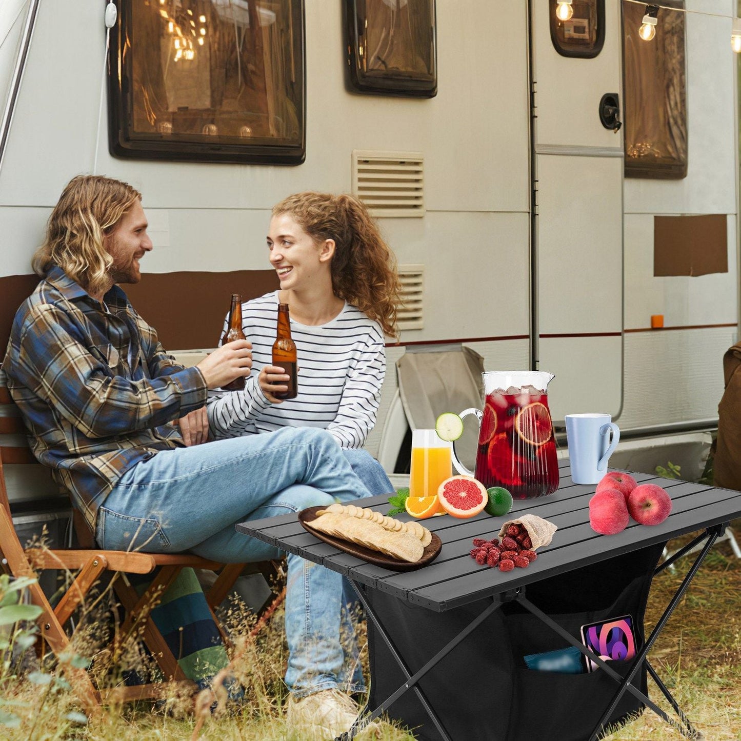 Foldable Camping Table With Storage Basket Rustproof Portable Aluminum Alloy Roll-Up Camping Table - Renee Lane Company