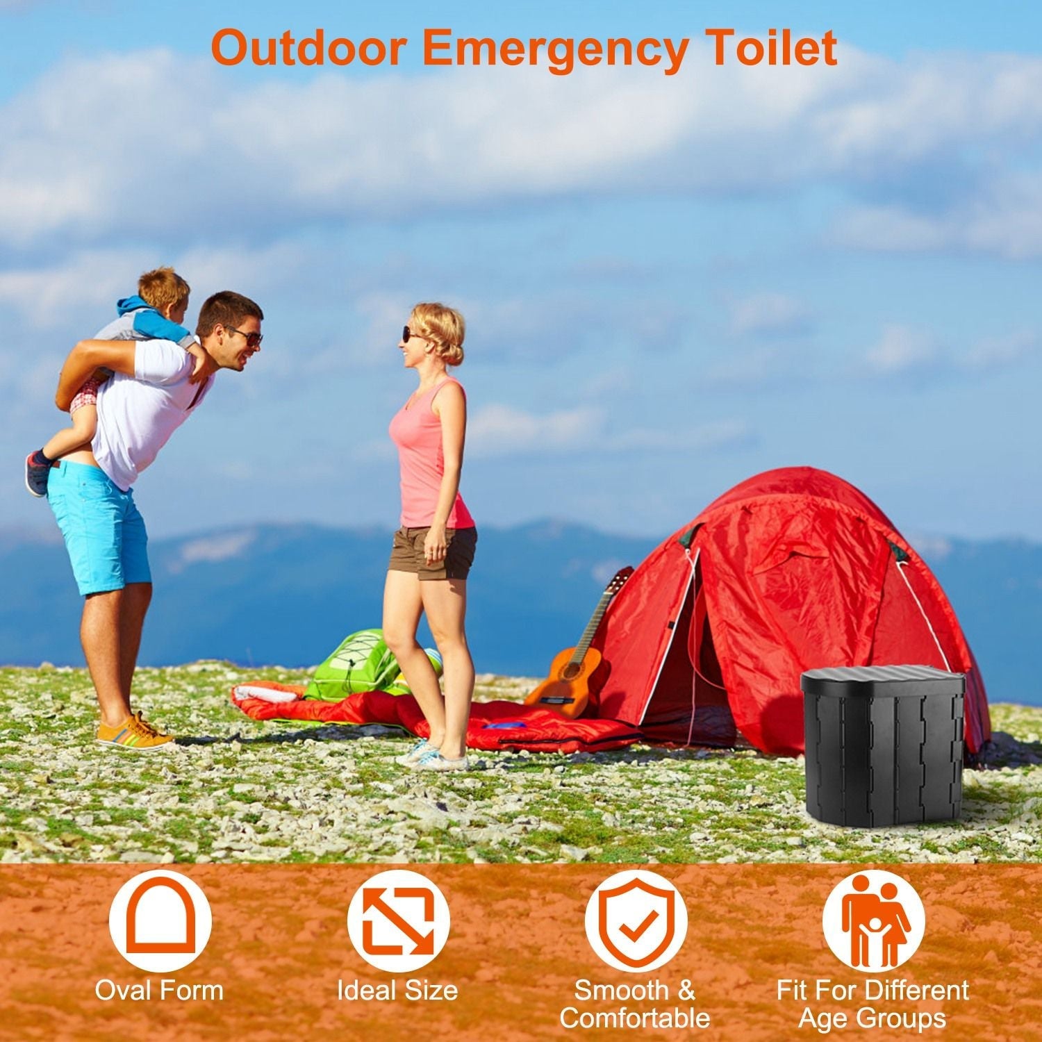 Foldable Emergency Toilet Portable Porta Potty for Car Travel Camping Boating Hiking Cleanable Travel Commode with Lid Carry Bag 1 Roll Garbage Bags - Renee Lane Company