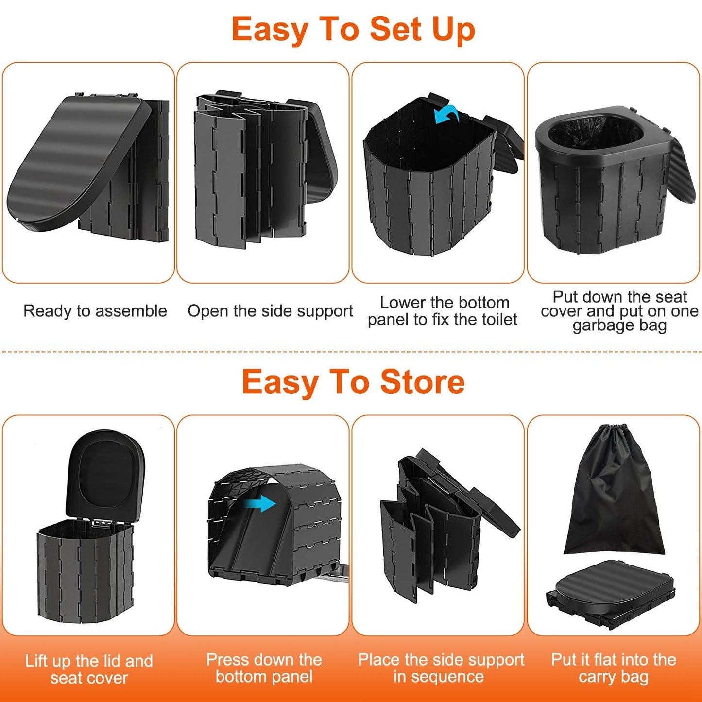 Foldable Emergency Toilet Portable Porta Potty for Car Travel Camping Boating Hiking Cleanable Travel Commode with Lid Carry Bag 1 Roll Garbage Bags - Renee Lane Company