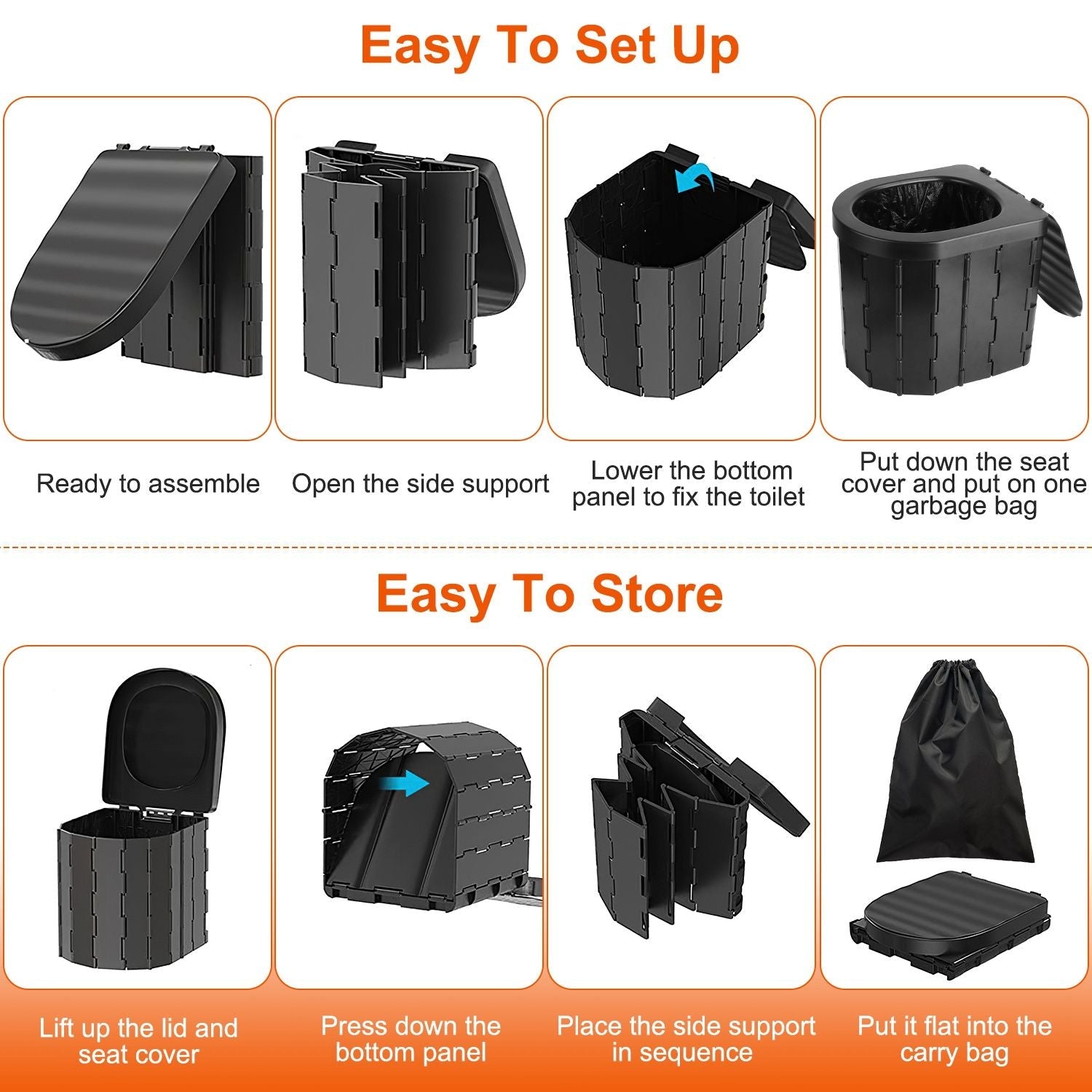Foldable Emergency Toilet Portable Porta Potty for Car Travel Camping Boating Hiking Cleanable Travel Commode with Lid Carry Bag 1 Roll Garbage Bags - Renee Lane Company