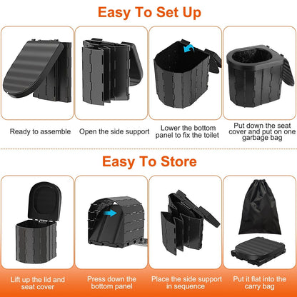 Foldable Emergency Toilet Portable Porta Potty for Car Travel Camping Boating Hiking Cleanable Travel Commode with Lid Carry Bag 1 Roll Garbage Bags - Renee Lane Company