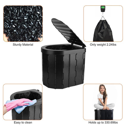 Foldable Emergency Toilet Portable Porta Potty for Car Travel Camping Boating Hiking Cleanable Travel Commode with Lid Carry Bag 1 Roll Garbage Bags - Renee Lane Company