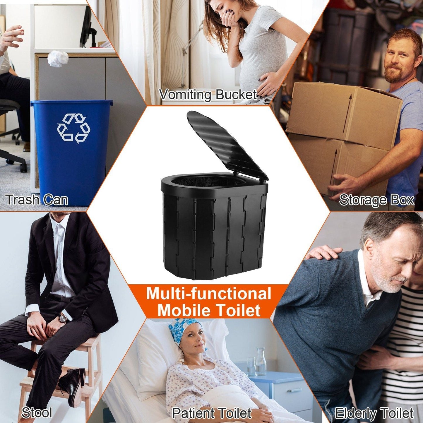 Foldable Emergency Toilet Portable Porta Potty for Car Travel Camping Boating Hiking Cleanable Travel Commode with Lid Carry Bag 1 Roll Garbage Bags - Renee Lane Company