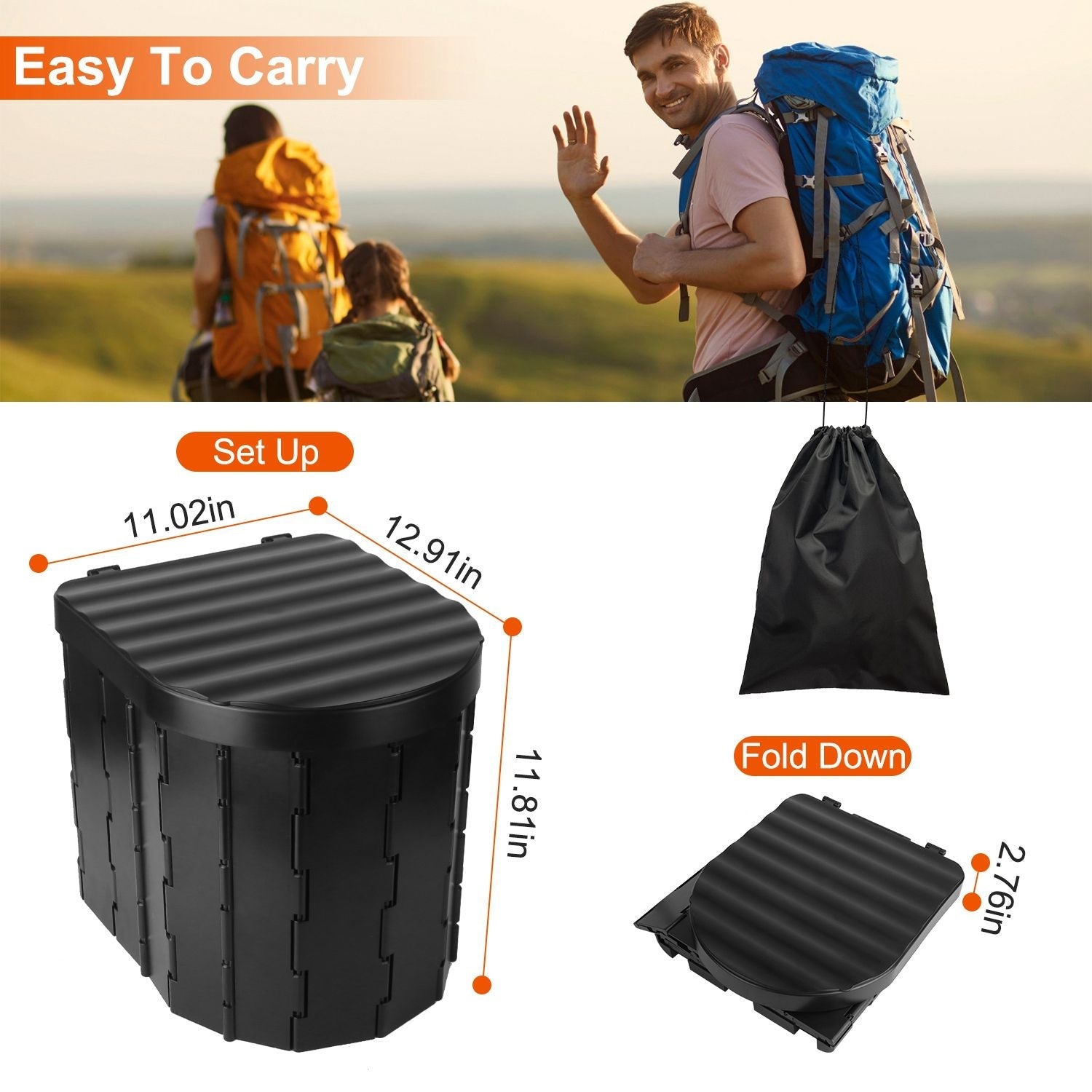 Foldable Emergency Toilet Portable Porta Potty for Car Travel Camping Boating Hiking Cleanable Travel Commode with Lid Carry Bag 1 Roll Garbage Bags - Renee Lane Company