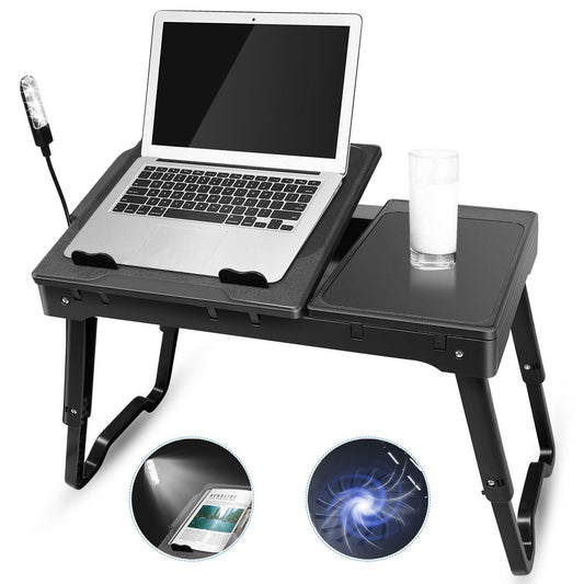 Foldable laptop bed desk with cooling fan, built-in tray and raised mouse pad, black