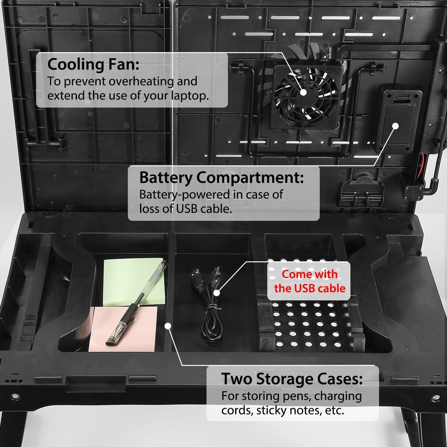 Foldable Laptop Table Bed Notebook Desk with Cooling Fan Mouse Board LED light 4 xUSB Ports Breakfast Snacking Tray - Renee Lane Company