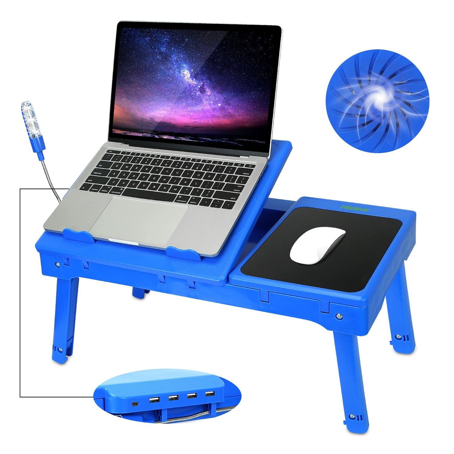 Foldable Laptop Table Bed Notebook Desk with Cooling Fan Mouse Board LED light 4 xUSB Ports Breakfast Snacking Tray - Renee Lane Company